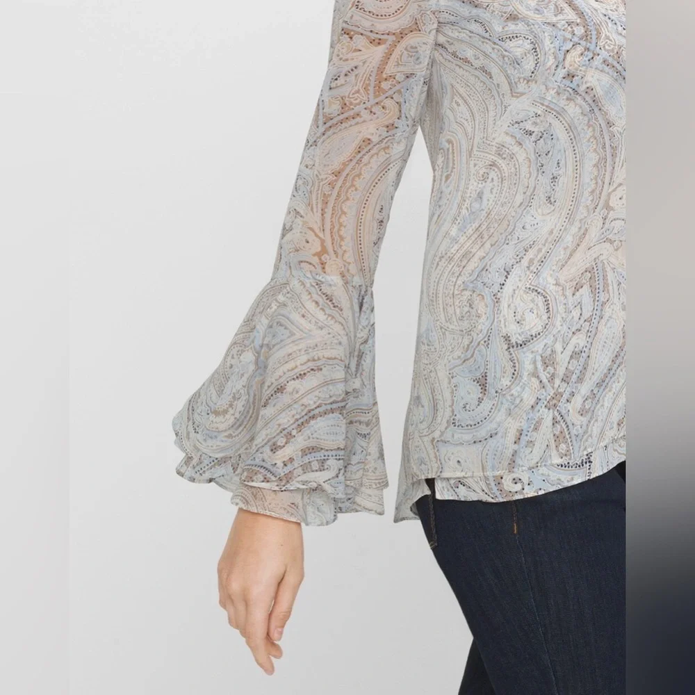 EUC WHITE HOUSE BLACK MARKET PAISLY BELL SLEEVE BLOUSE Size 2 Small - Picture 3 of 7